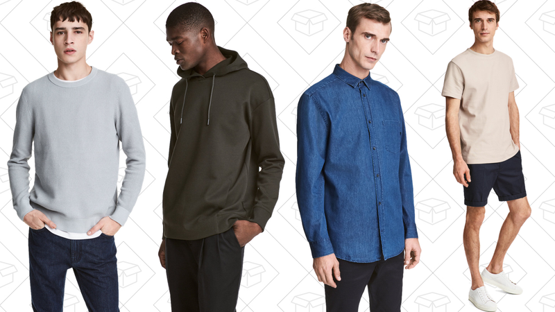 Textured-knit Cotton Sweater, $35 | Scuba-fabric Hooded Shirt, $30 | Premium Cotton Denim Shirt, $40 | Short Chino Shorts, $20